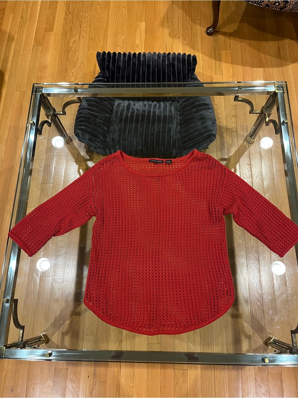 JEANNE PIERRE Red Open-Weave Scoop Neck Sweater